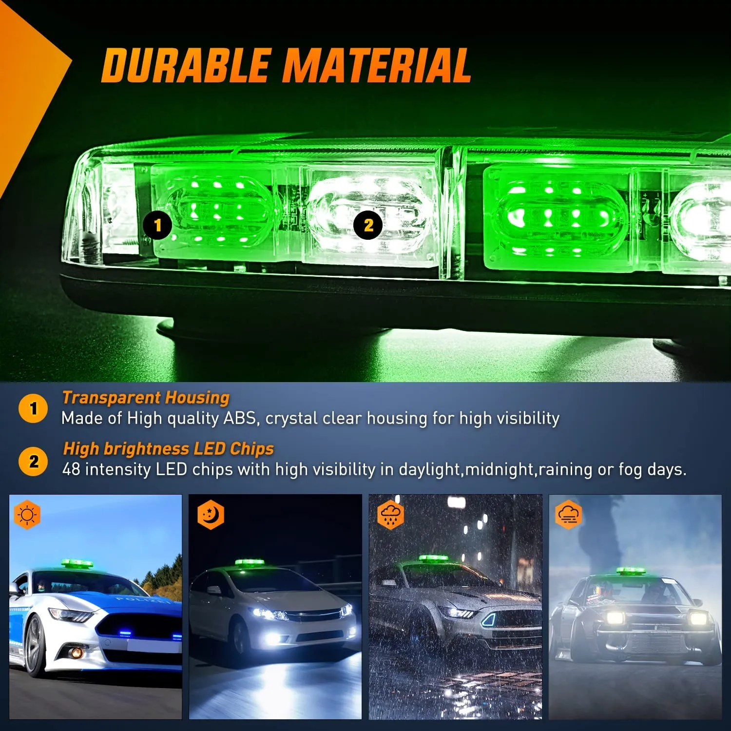 12 Inch 48 Leds Roof Top Green Mix White Emergency Strobe Light