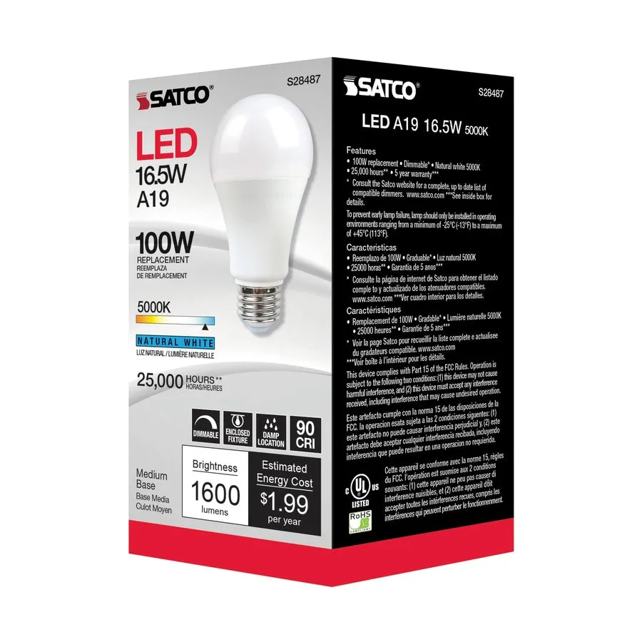 16.5W - A19 LED - 90CRI - 5000K - Medium base - 220 deg. Beam Angle - 120V - 1600 Lumens - CEC