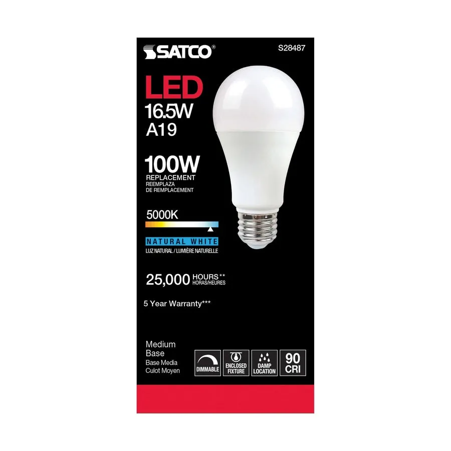 16.5W - A19 LED - 90CRI - 5000K - Medium base - 220 deg. Beam Angle - 120V - 1600 Lumens - CEC