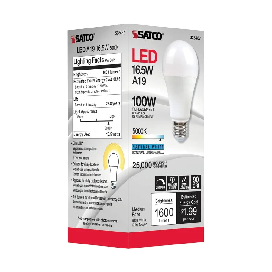 16.5W - A19 LED - 90CRI - 5000K - Medium base - 220 deg. Beam Angle - 120V - 1600 Lumens - CEC