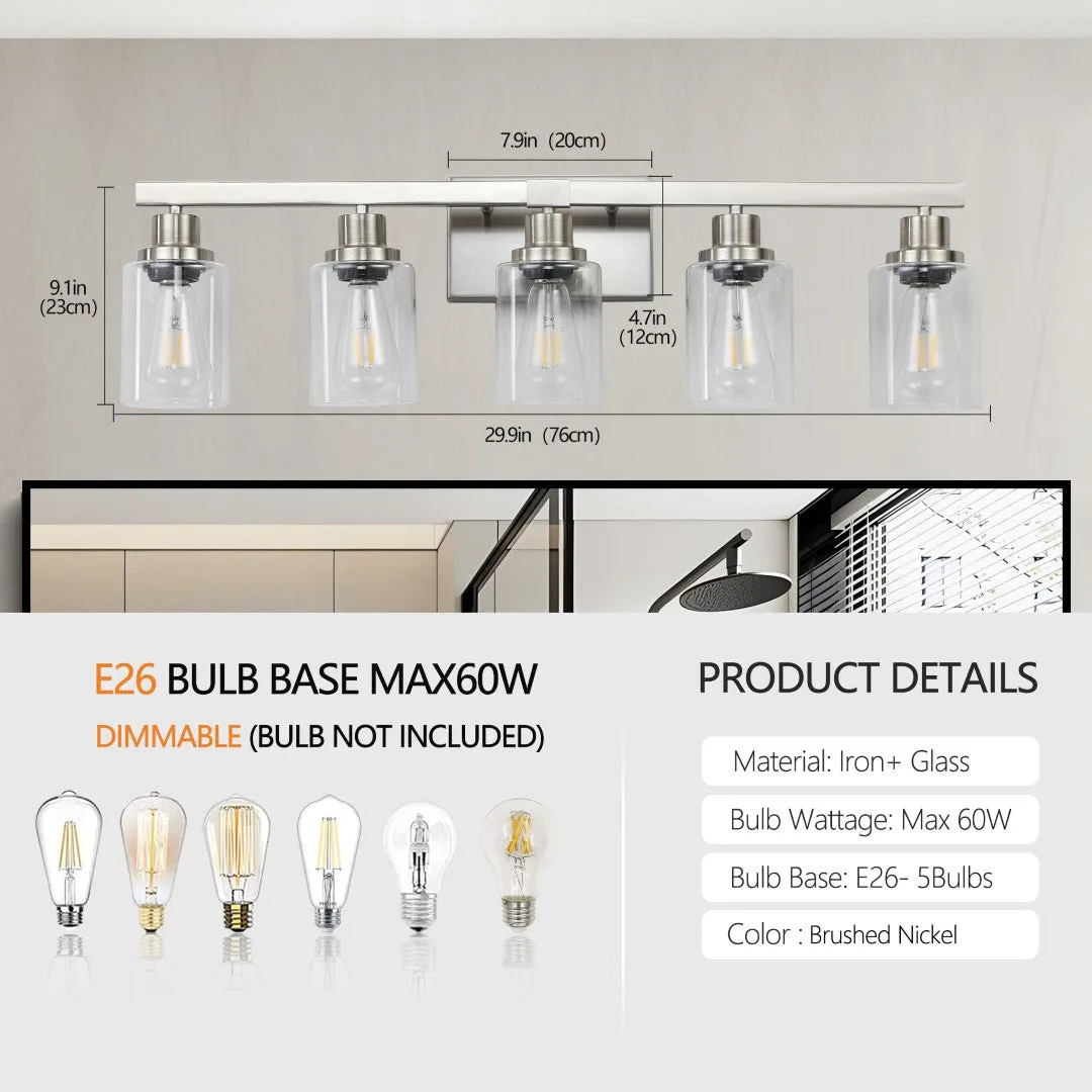 5-Light Modern Vanity Light Fixture, Brushed Nickel Finish, Clear Glass Shades - Ideal for Bathroom, Vanity, Dressing Area Lighting (No Bulbs)
