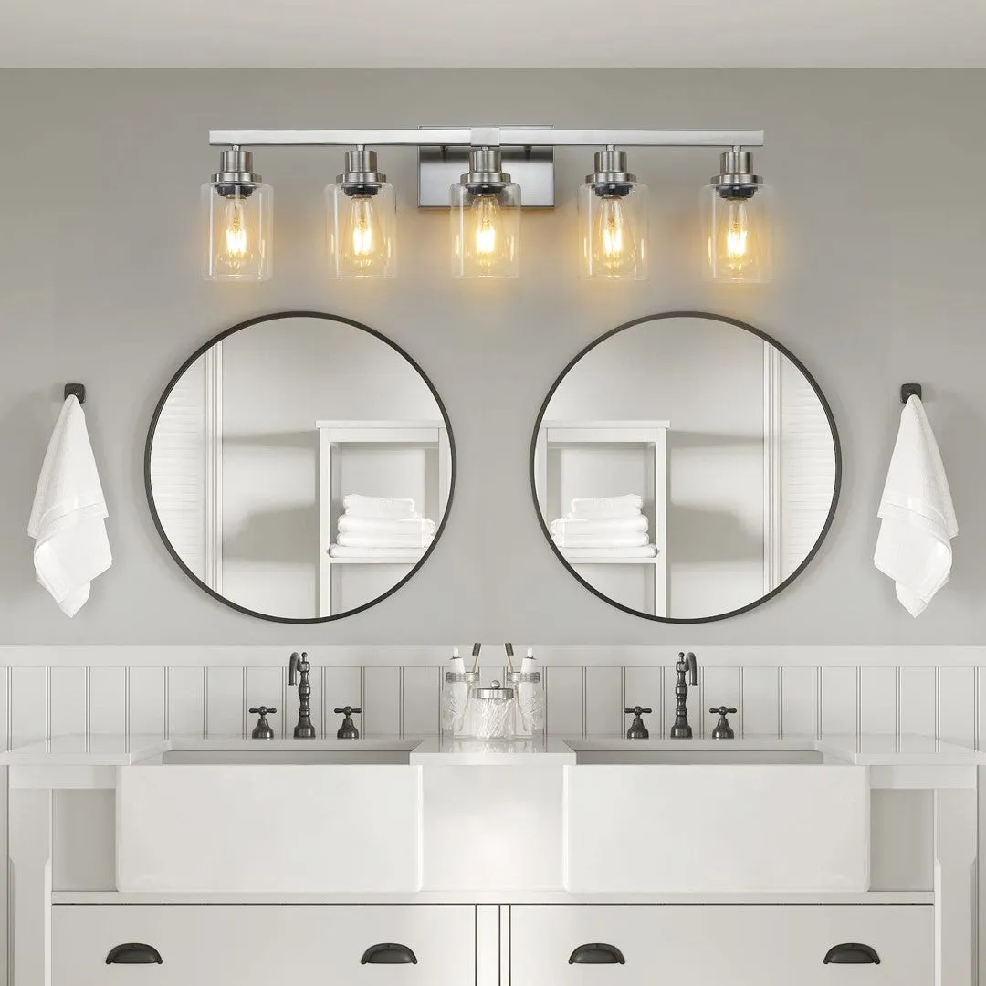 5-Light Modern Vanity Light Fixture, Brushed Nickel Finish, Clear Glass Shades - Ideal for Bathroom, Vanity, Dressing Area Lighting (No Bulbs)