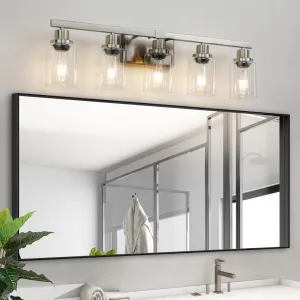 5-Light Modern Vanity Light Fixture, Brushed Nickel Finish, Clear Glass Shades - Ideal for Bathroom, Vanity, Dressing Area Lighting (No Bulbs)