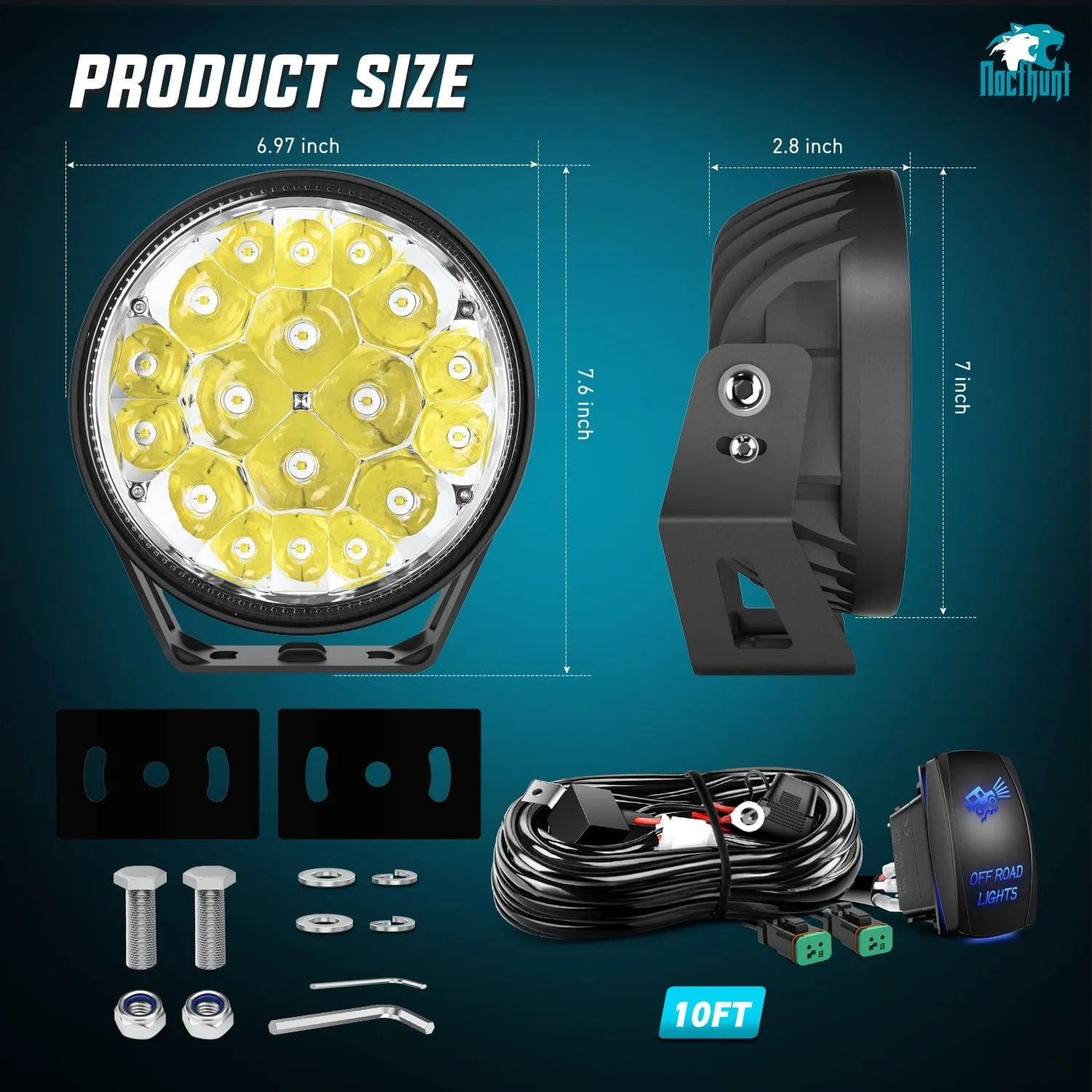 7Inch 90W Round Offroad Light with Yellow Black Covers Hyper Spot Beam Work Light (Pair) | 14 AWG DT Connector Wiring Harness Kit