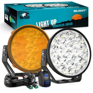 9Inch 140W Round Offroad Light with Yellow Black Covers Hyper Spot Beam Work Light (Pair) | 12 AWG DT Connector Wiring Harness Kit