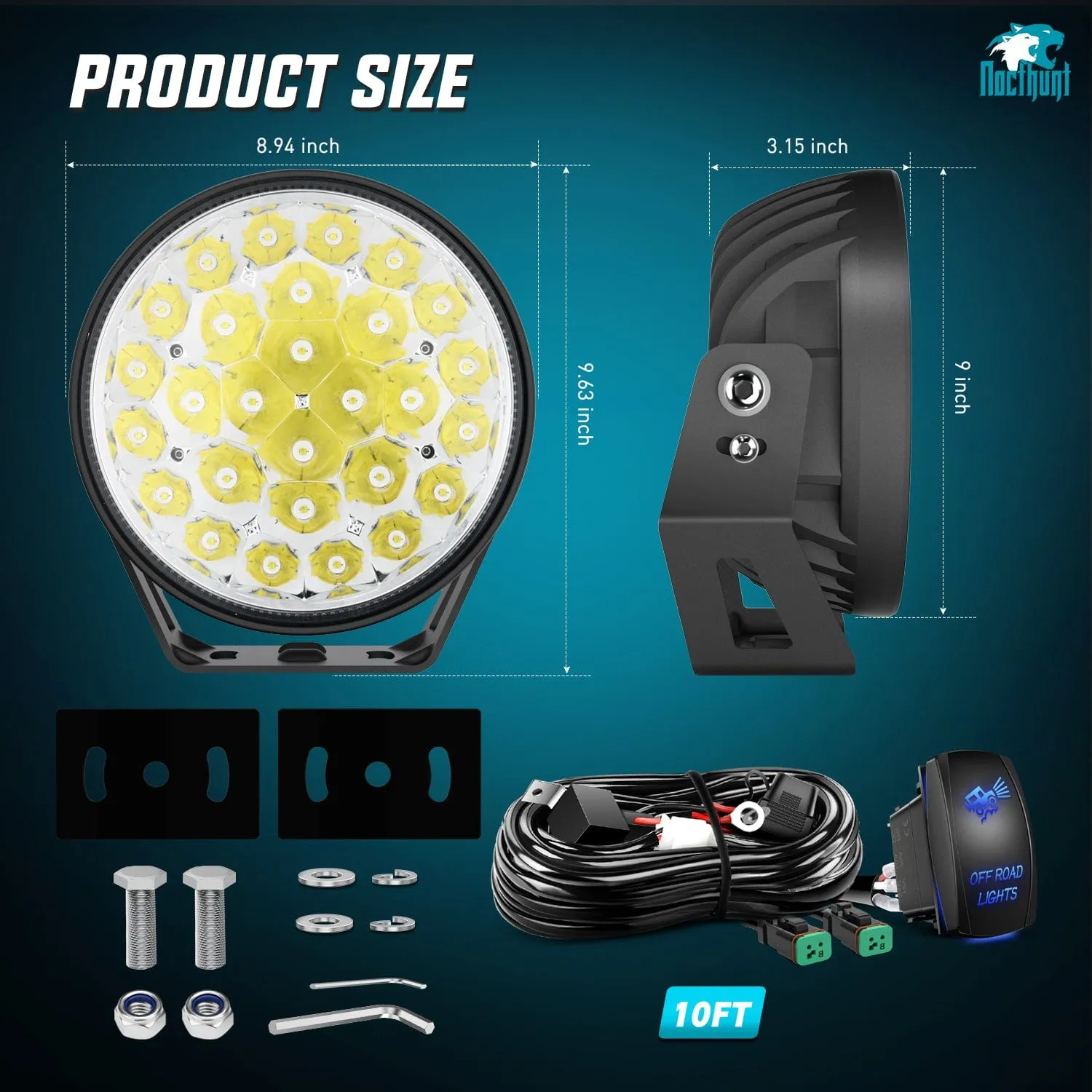 9Inch 140W Round Offroad Light with Yellow Black Covers Hyper Spot Beam Work Light (Pair) | 12 AWG DT Connector Wiring Harness Kit