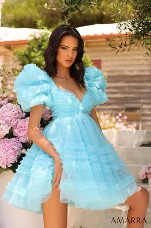 Amarra 94043 Size 4 Light Blue A-Line Tulle Short Prom Dress Sweetheart Neckline Puff Sleeves Formal Pageant Gown