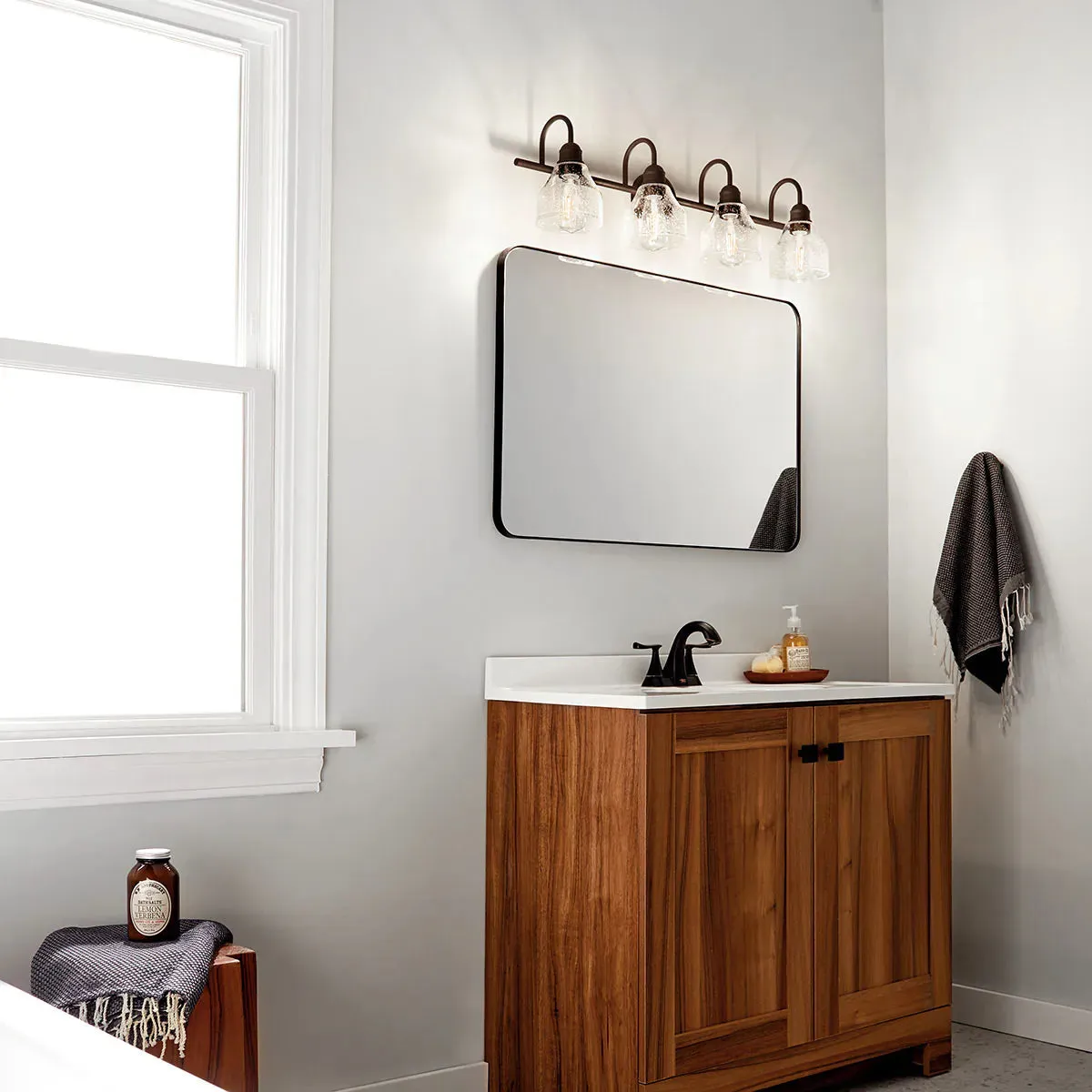 Avery 34 In 4-Lights Bathroom Vanity Light With Clear Fluted Glass, Bronze Finish