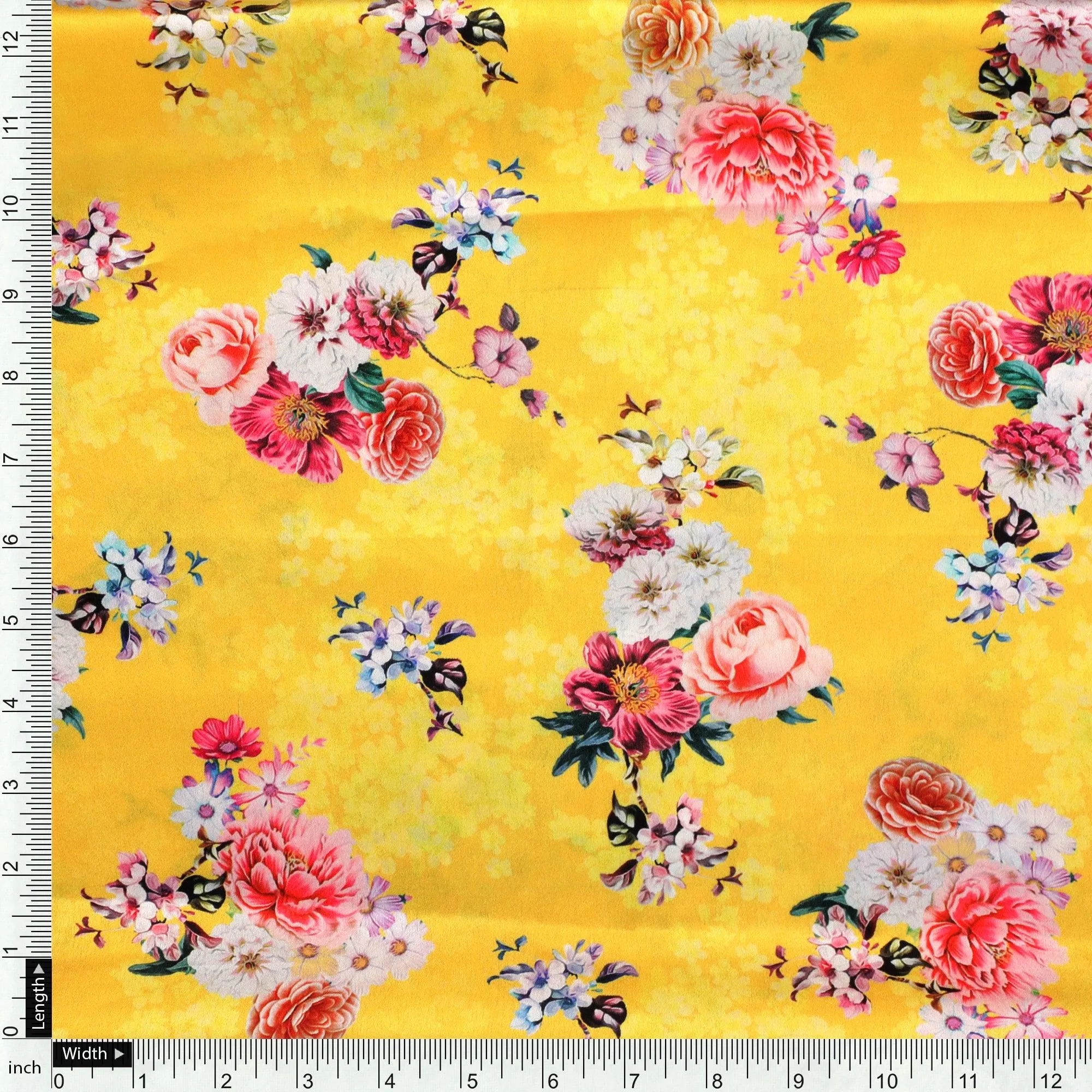 Beautiful Yellow Base Floral Bunch Digital Printed Fabric