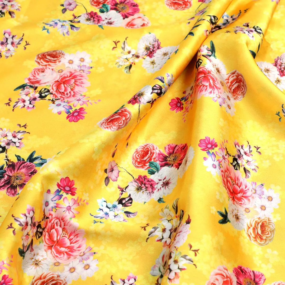 Beautiful Yellow Base Floral Bunch Digital Printed Fabric