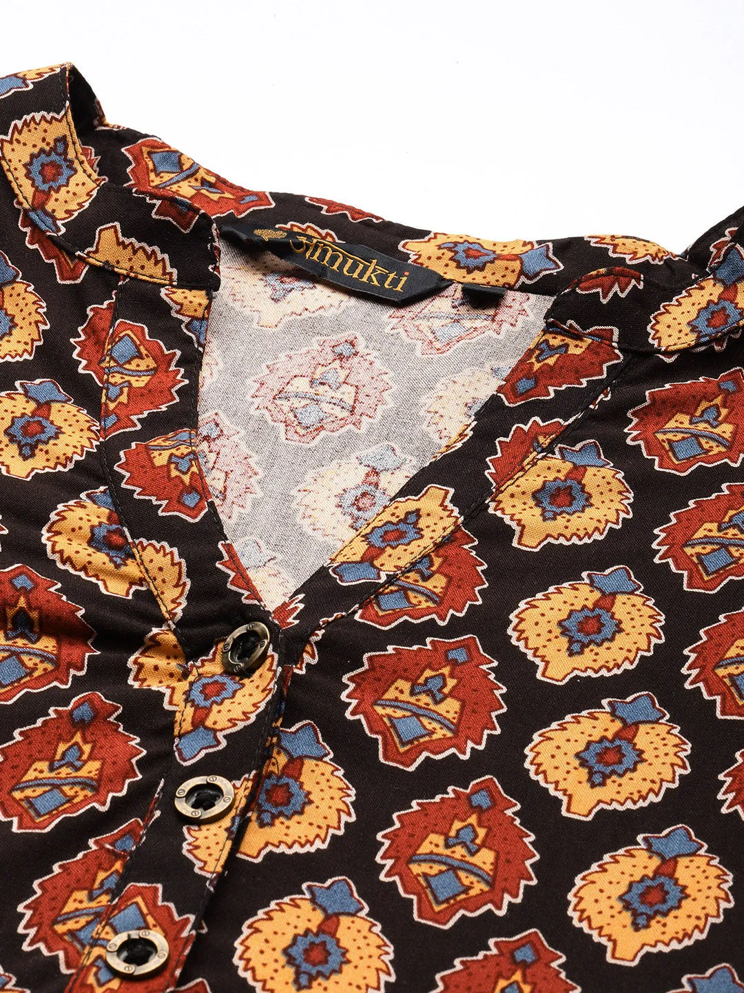 Black Mandarin Collar Printed Tunic