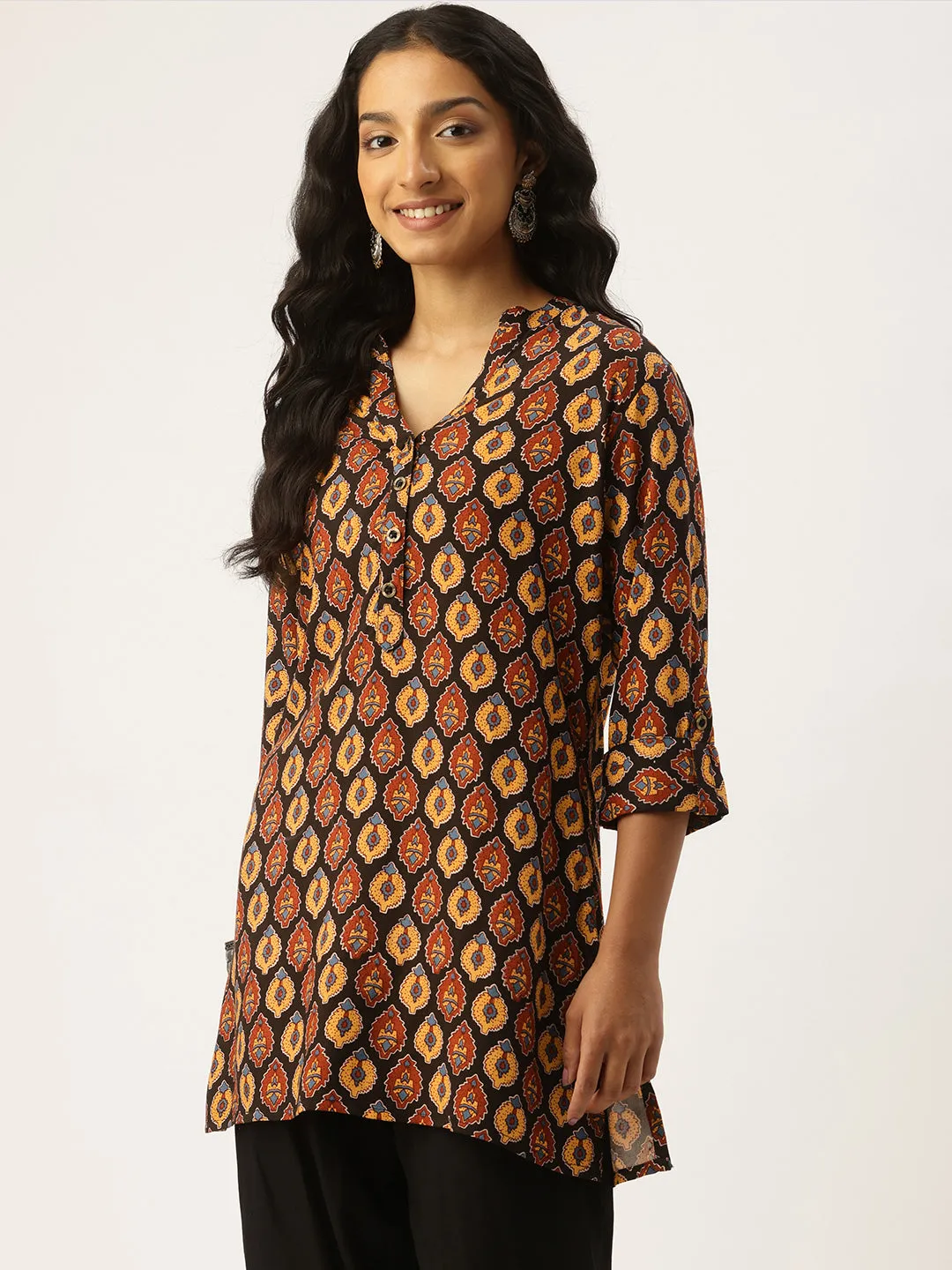 Black Mandarin Collar Printed Tunic