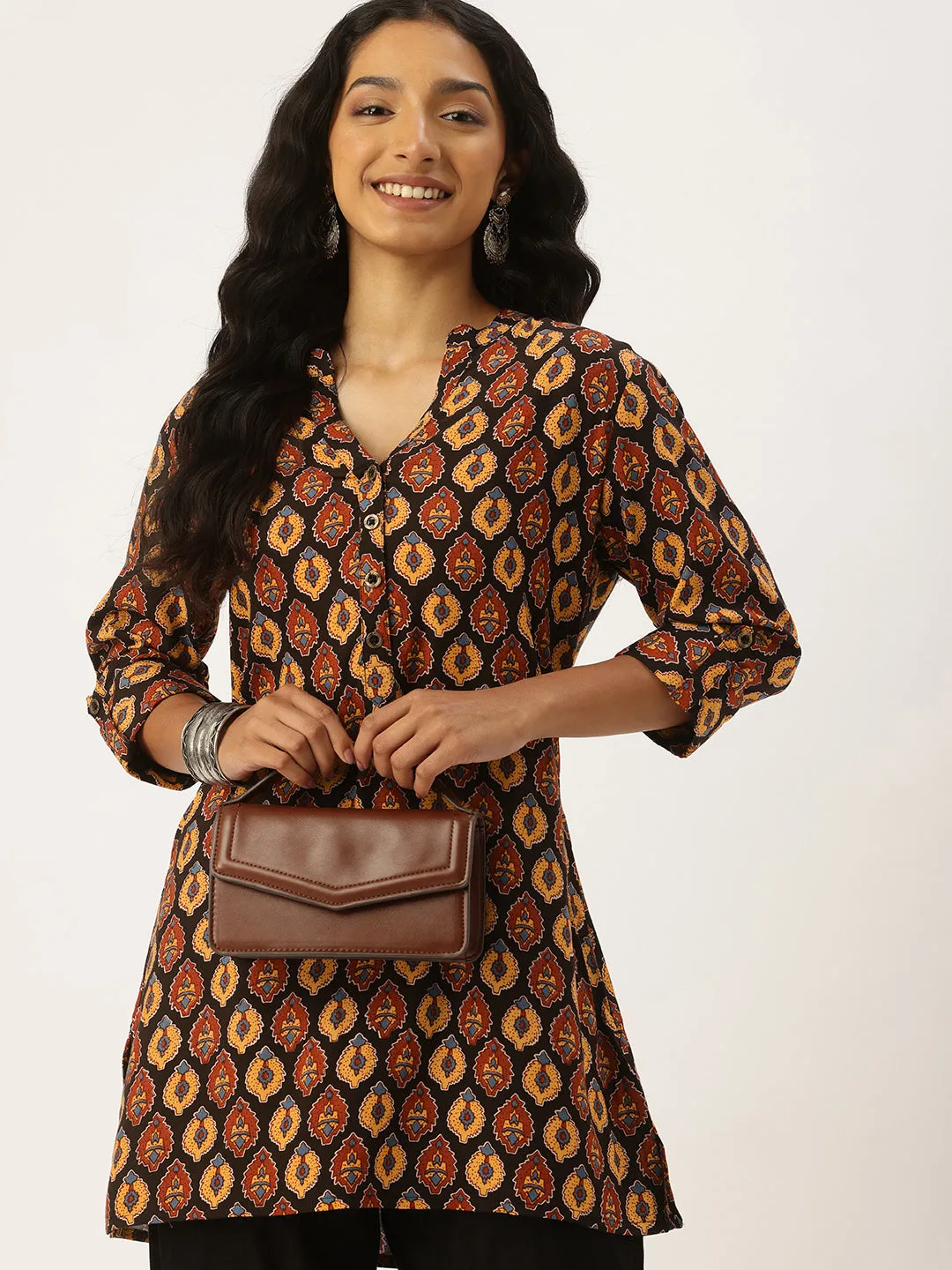 Black Mandarin Collar Printed Tunic