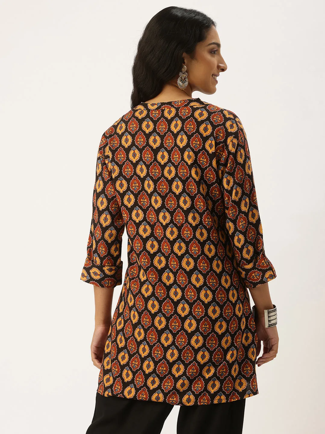 Black Mandarin Collar Printed Tunic