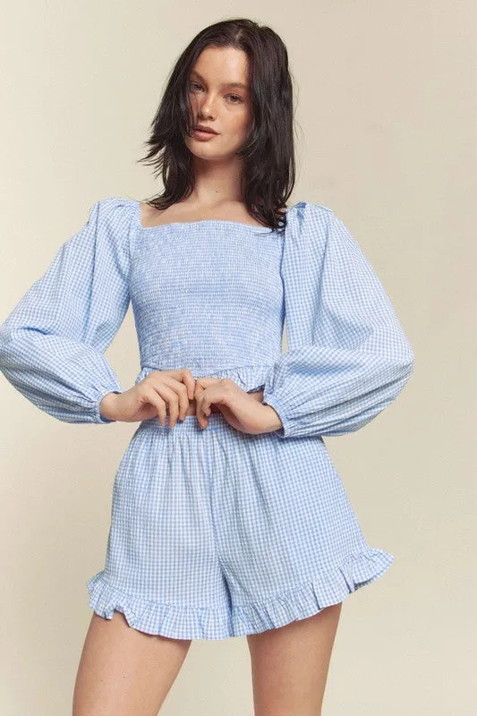 Blue Gingham Smocked Top With Shorts Set