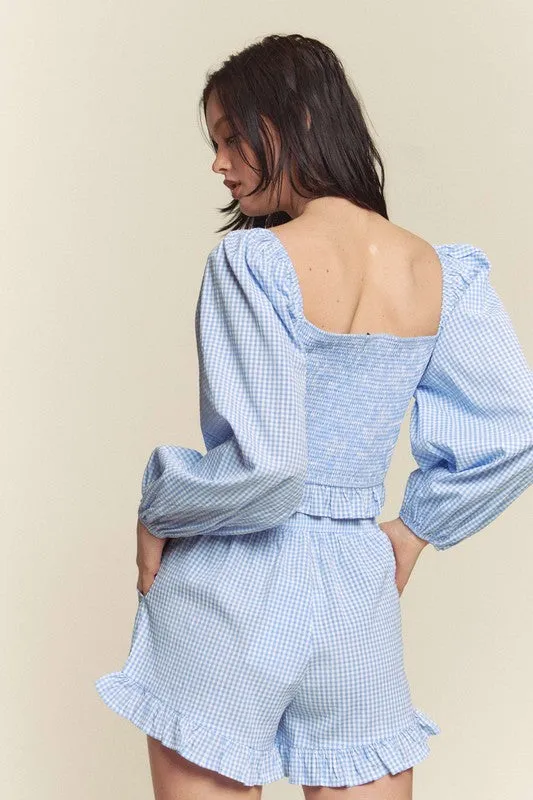 Blue Gingham Smocked Top With Shorts Set