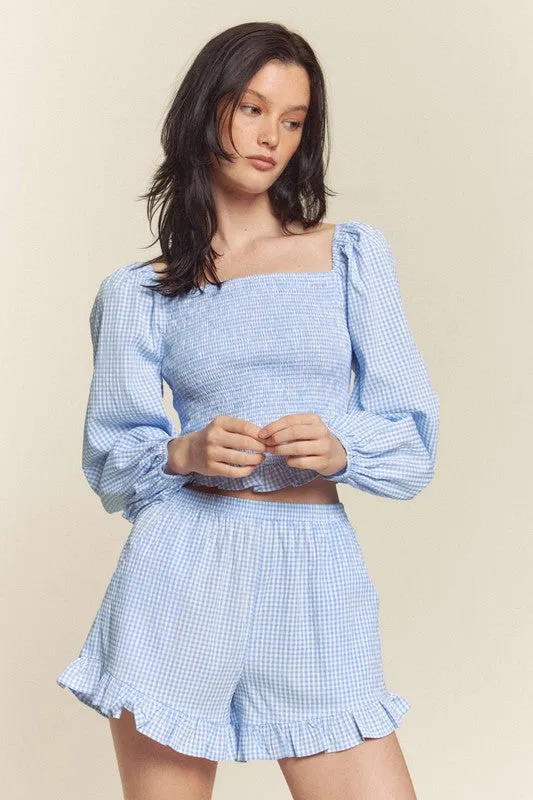 Blue Gingham Smocked Top With Shorts Set