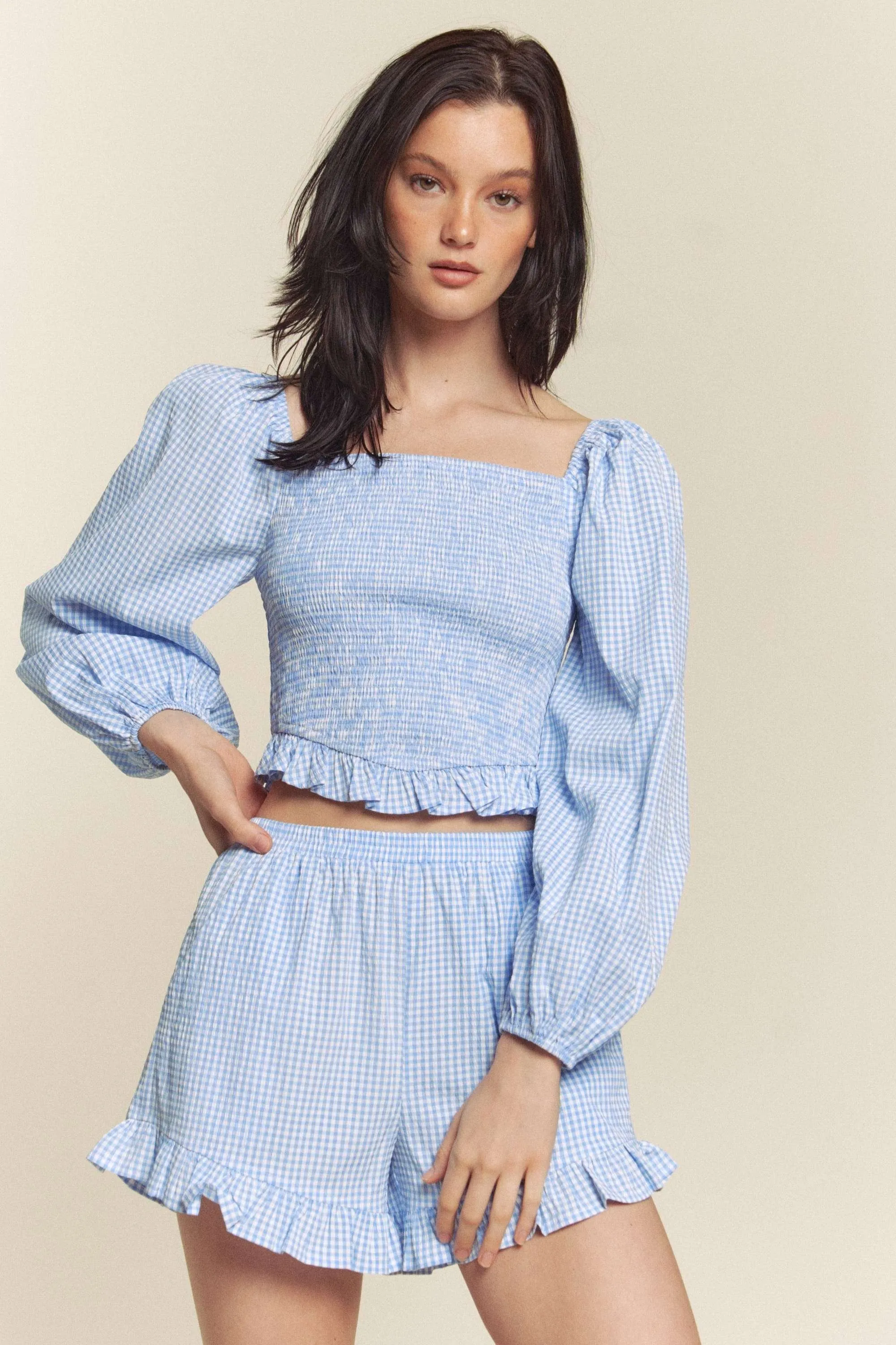 Blue Gingham Smocked Top With Shorts Set