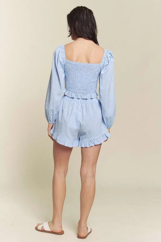 Blue Gingham Smocked Top With Shorts Set