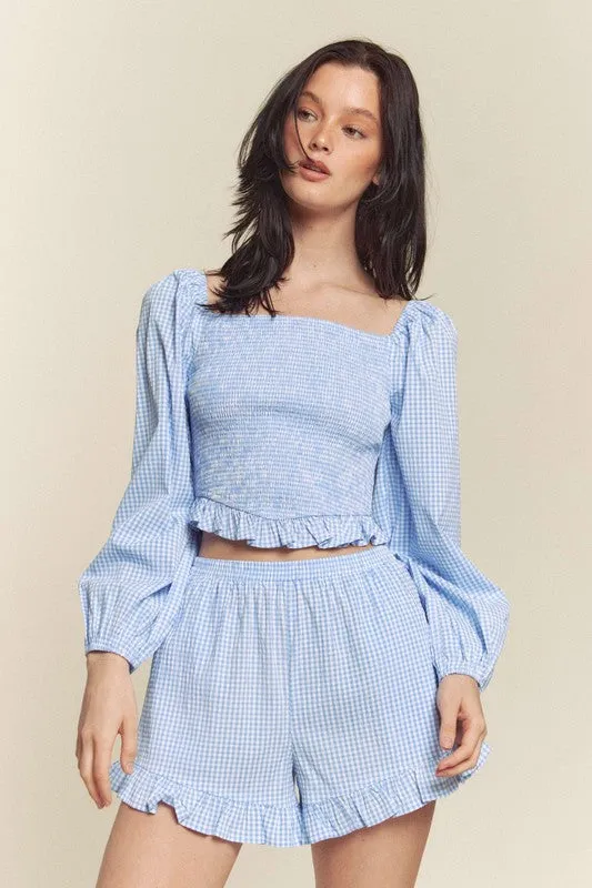 Blue Gingham Smocked Top With Shorts Set