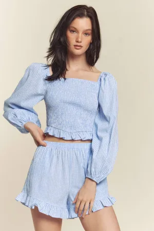 Blue Gingham Smocked Top With Shorts Set