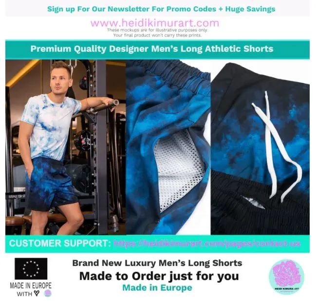Blue Sunflower Men's Shorts, Floral Sunflower Print Premium Athletic Long Running Basketball Style Shorts For Men- Made in Europe