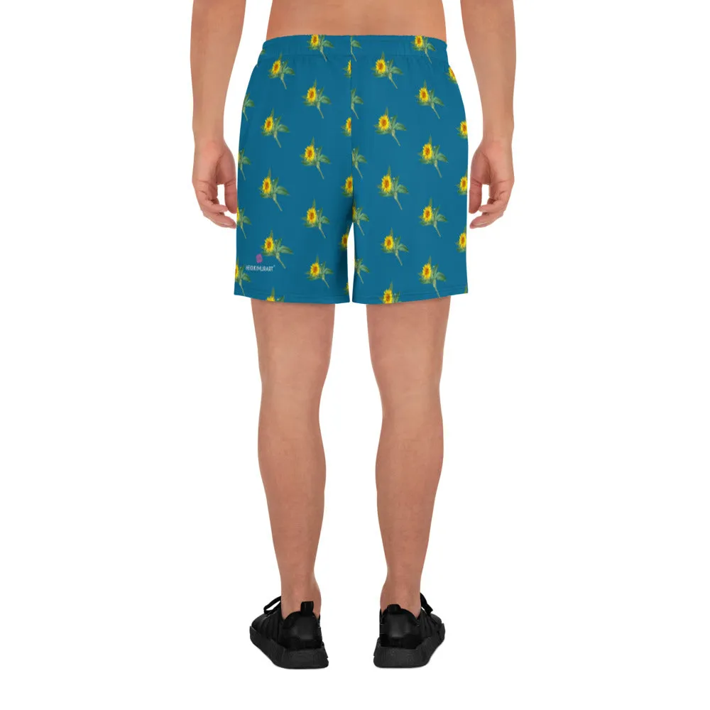 Blue Sunflower Men's Shorts, Floral Sunflower Print Premium Athletic Long Running Basketball Style Shorts For Men- Made in Europe