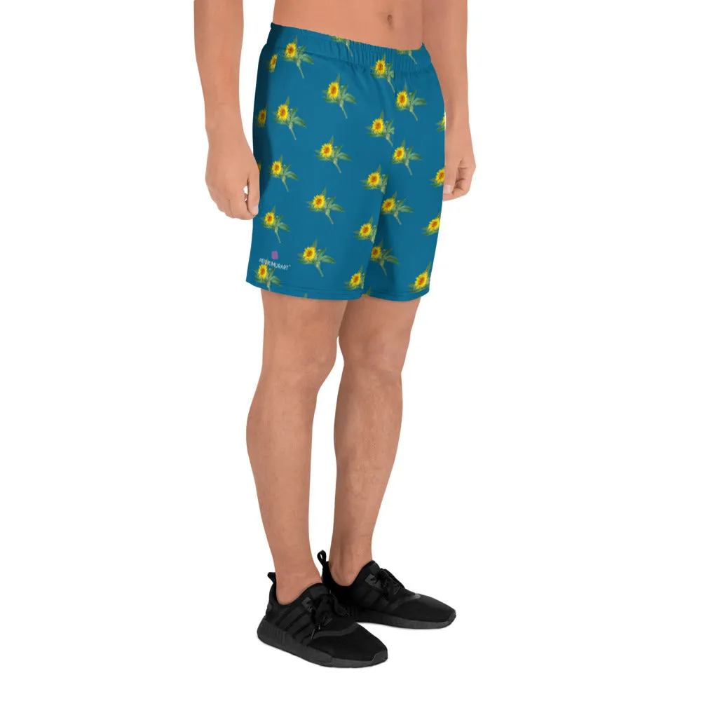 Blue Sunflower Men's Shorts, Floral Sunflower Print Premium Athletic Long Running Basketball Style Shorts For Men- Made in Europe