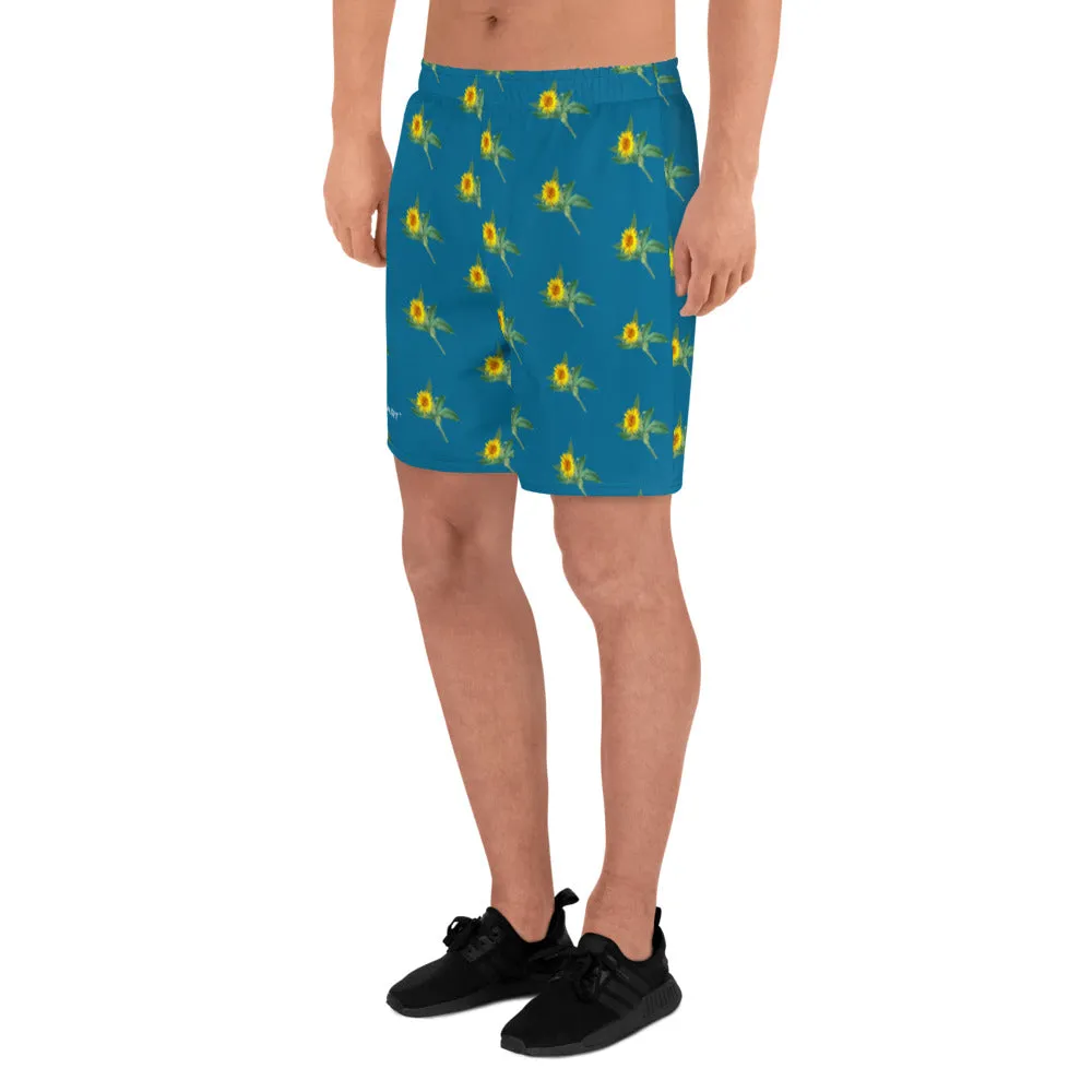 Blue Sunflower Men's Shorts, Floral Sunflower Print Premium Athletic Long Running Basketball Style Shorts For Men- Made in Europe