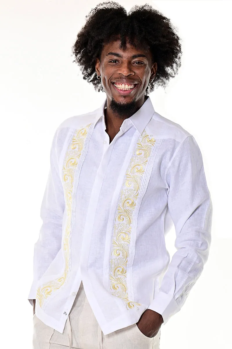 Bohio 100% Linen Long Sleeve Cuban Style Shirt w/French Cuff & Fancy Embroidered Panels in (2) Colors - MLG1685