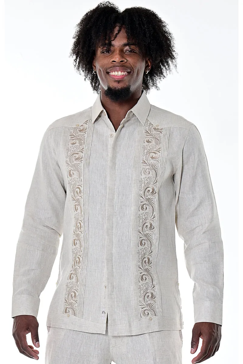 Bohio 100% Linen Long Sleeve Cuban Style Shirt w/French Cuff & Fancy Embroidered Panels in (2) Colors - MLG1685