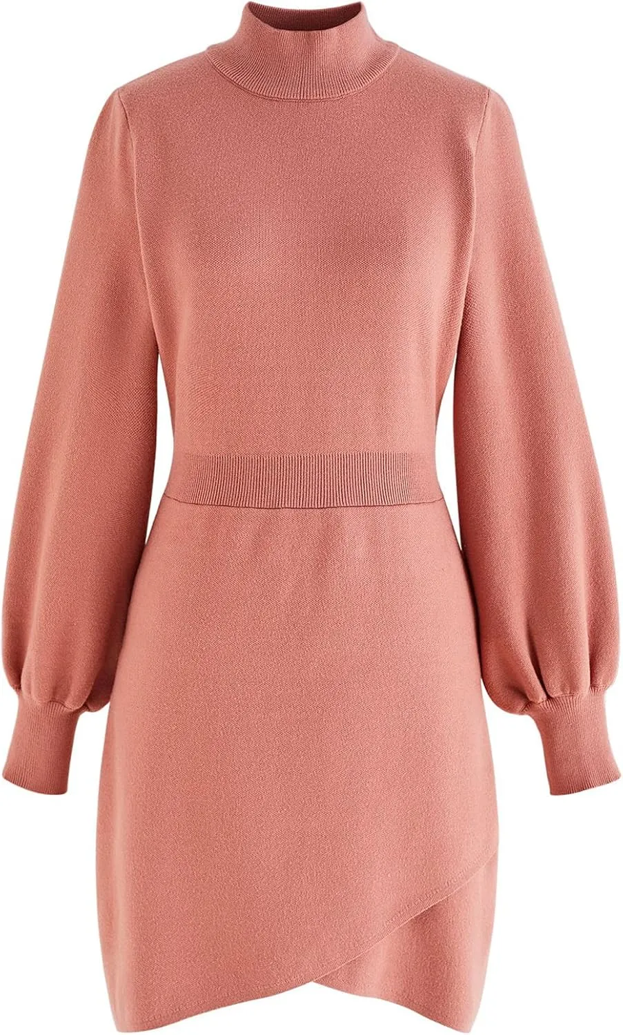 CHICWISH Women's Coral/Light Tan/Black Mock Neck Bubble Sleeves Cross Hem Knit Midi Dress