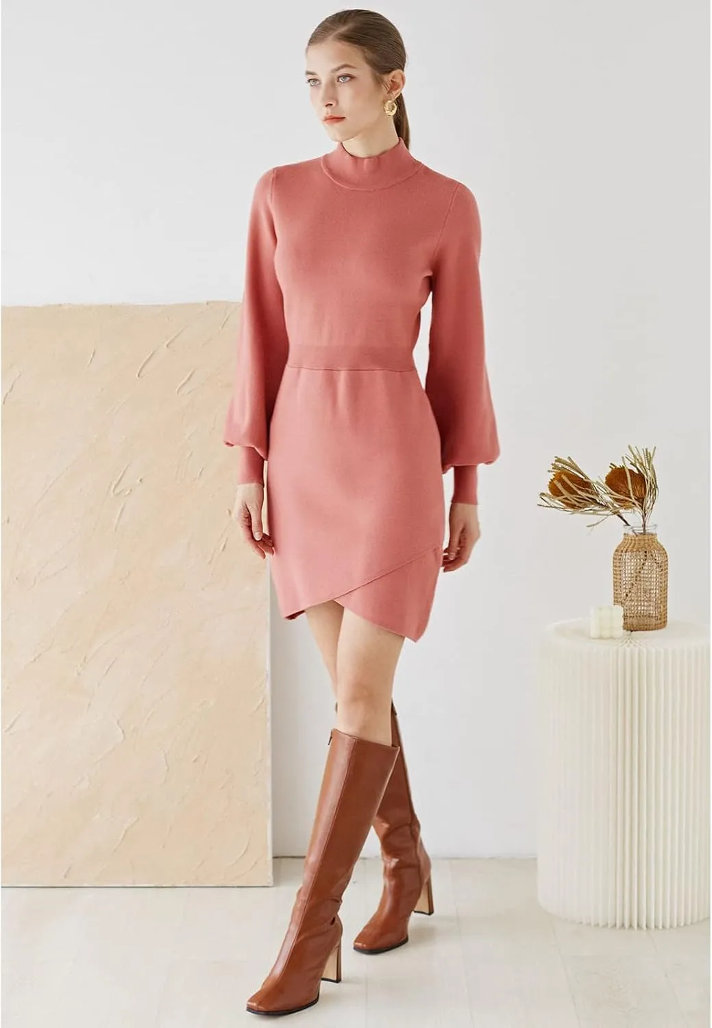 CHICWISH Women's Coral/Light Tan/Black Mock Neck Bubble Sleeves Cross Hem Knit Midi Dress