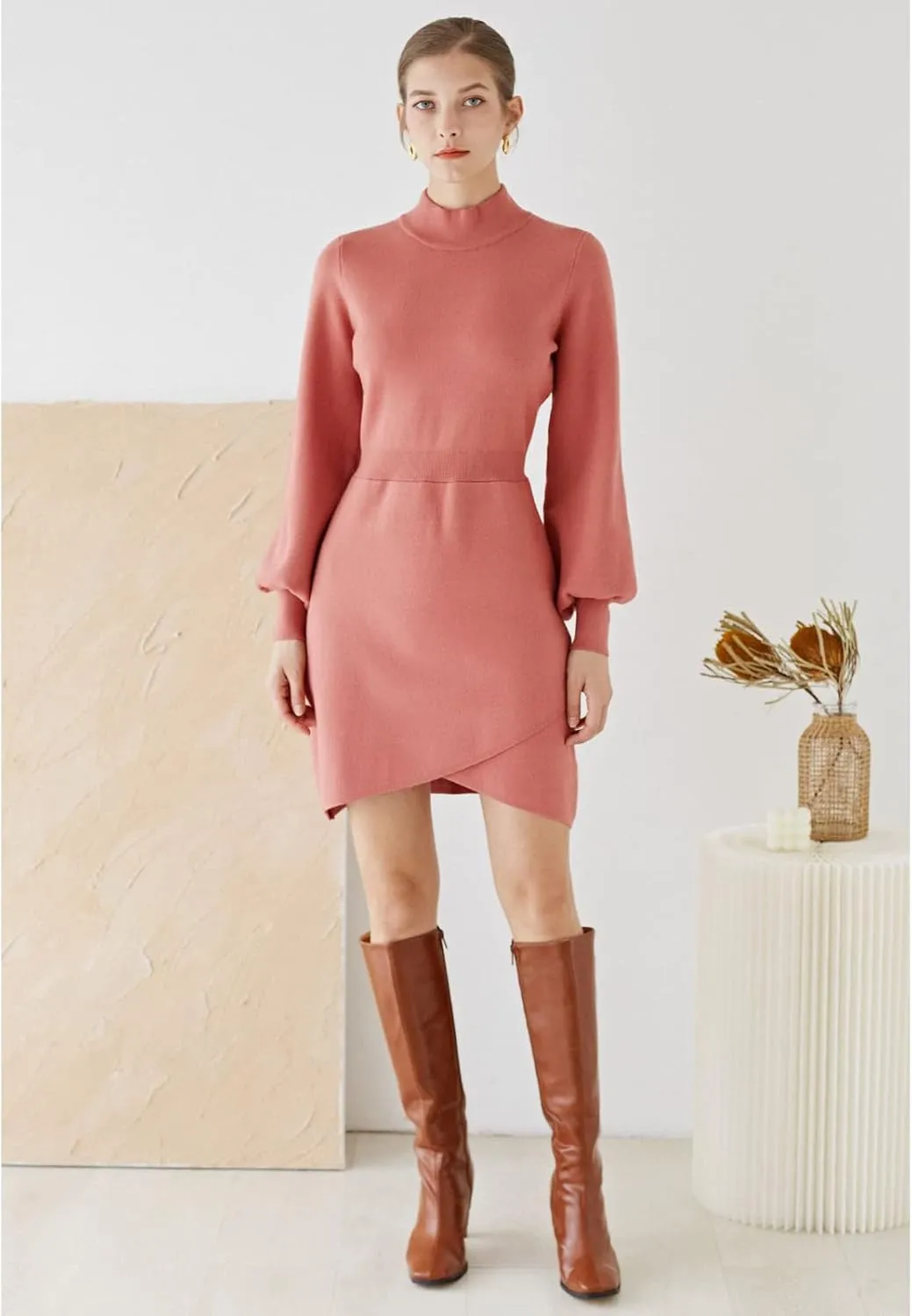 CHICWISH Women's Coral/Light Tan/Black Mock Neck Bubble Sleeves Cross Hem Knit Midi Dress