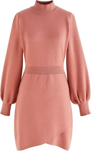 CHICWISH Women's Coral/Light Tan/Black Mock Neck Bubble Sleeves Cross Hem Knit Midi Dress