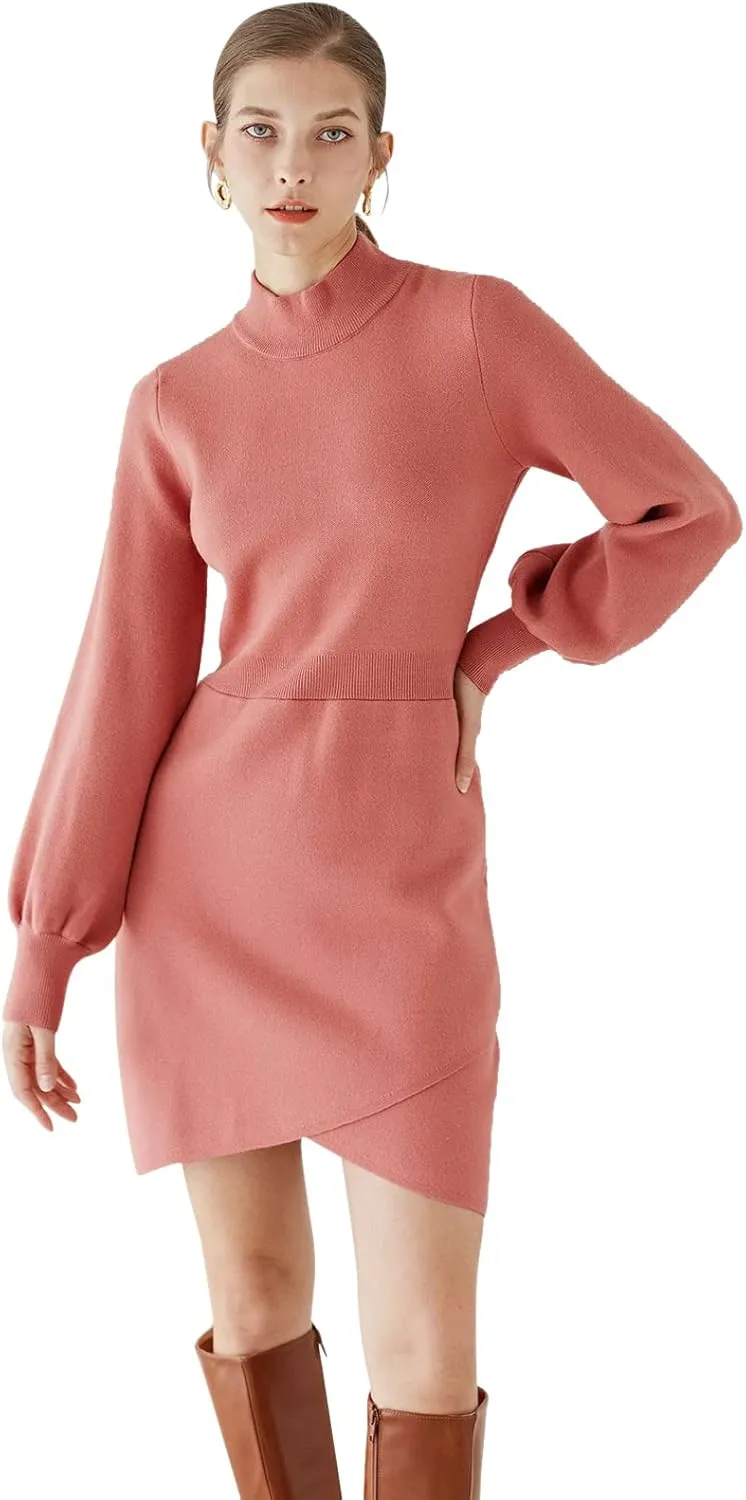 CHICWISH Women's Coral/Light Tan/Black Mock Neck Bubble Sleeves Cross Hem Knit Midi Dress