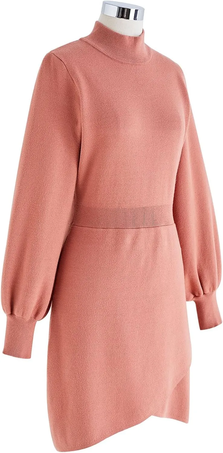 CHICWISH Women's Coral/Light Tan/Black Mock Neck Bubble Sleeves Cross Hem Knit Midi Dress