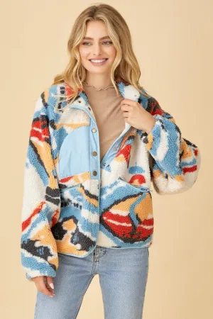 Cream/Blue Long Coat With Side Pockets
