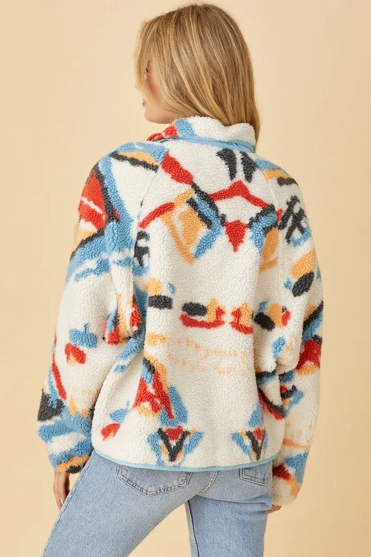 Cream/Blue Long Coat With Side Pockets