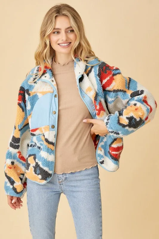 Cream/Blue Long Coat With Side Pockets