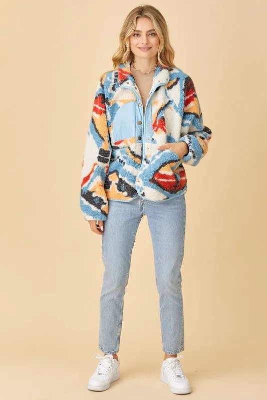 Cream/Blue Long Coat With Side Pockets