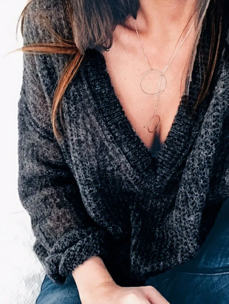 Deep V-neck Loose Thin Long Women Pullover Sweaters