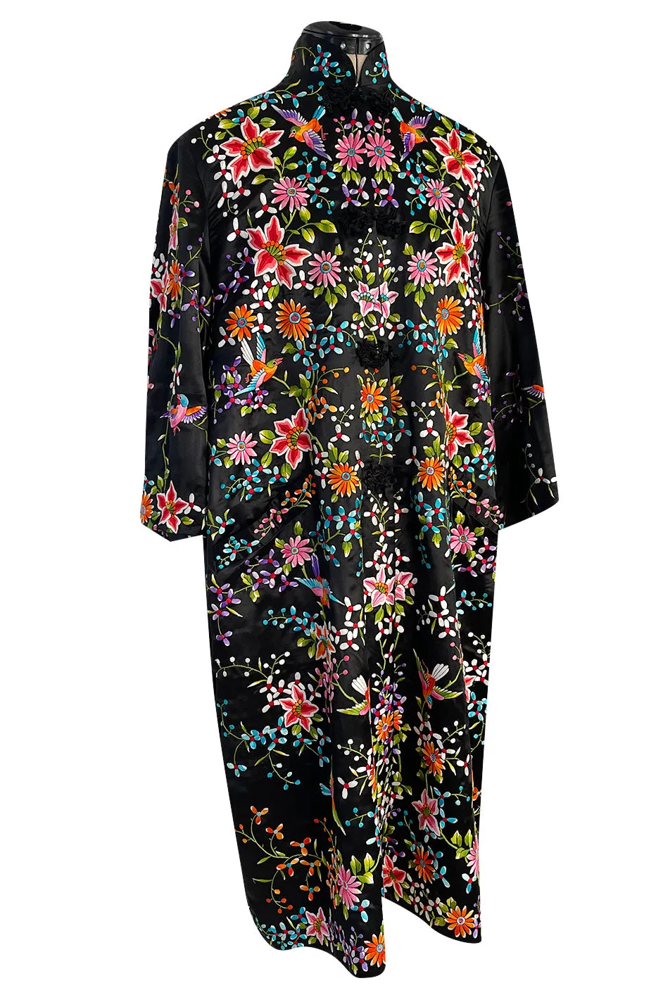 Extraordinary 1920s Colourful Densely Embroidered Black Silk Asian Evening Coat