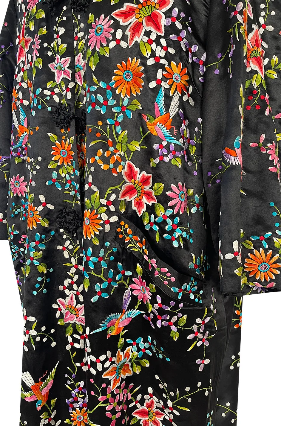 Extraordinary 1920s Colourful Densely Embroidered Black Silk Asian Evening Coat