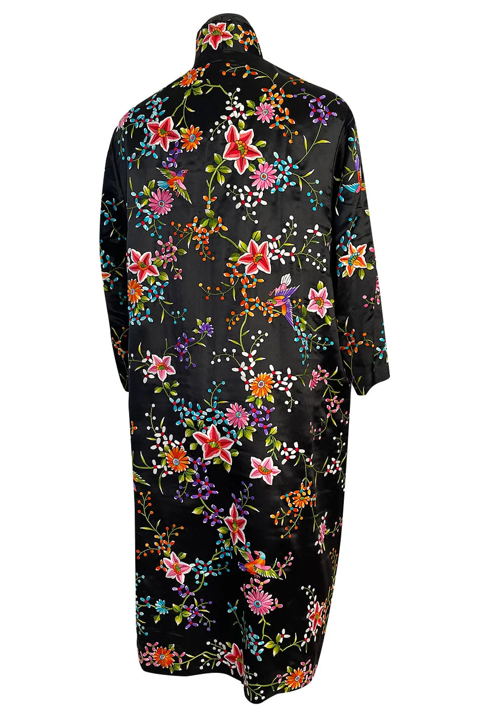 Extraordinary 1920s Colourful Densely Embroidered Black Silk Asian Evening Coat