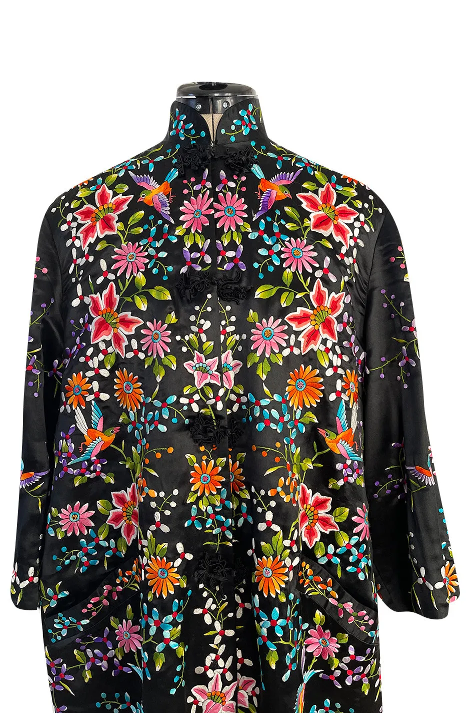 Extraordinary 1920s Colourful Densely Embroidered Black Silk Asian Evening Coat