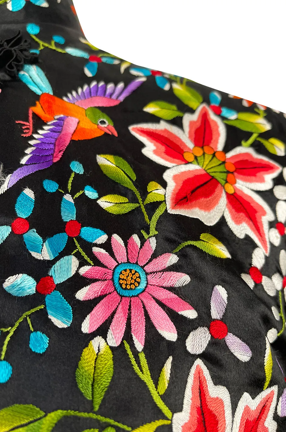 Extraordinary 1920s Colourful Densely Embroidered Black Silk Asian Evening Coat