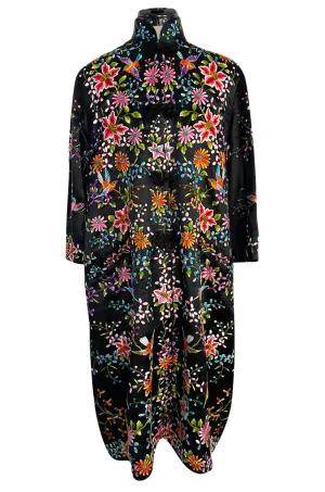 Extraordinary 1920s Colourful Densely Embroidered Black Silk Asian Evening Coat