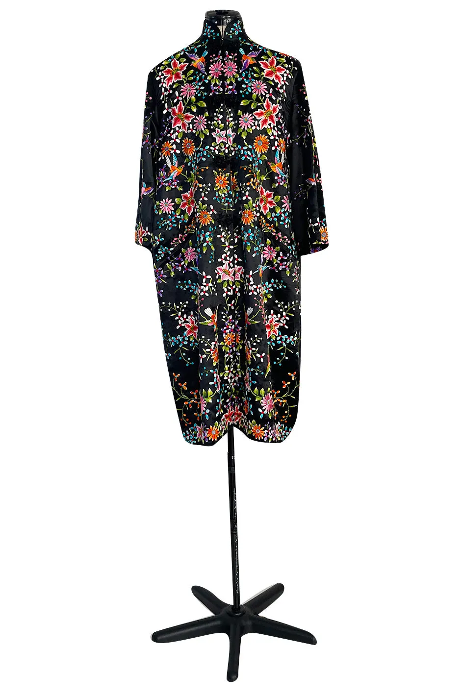 Extraordinary 1920s Colourful Densely Embroidered Black Silk Asian Evening Coat