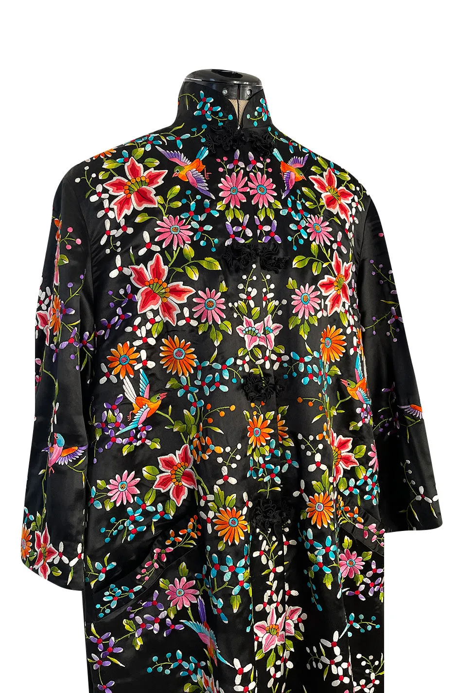 Extraordinary 1920s Colourful Densely Embroidered Black Silk Asian Evening Coat
